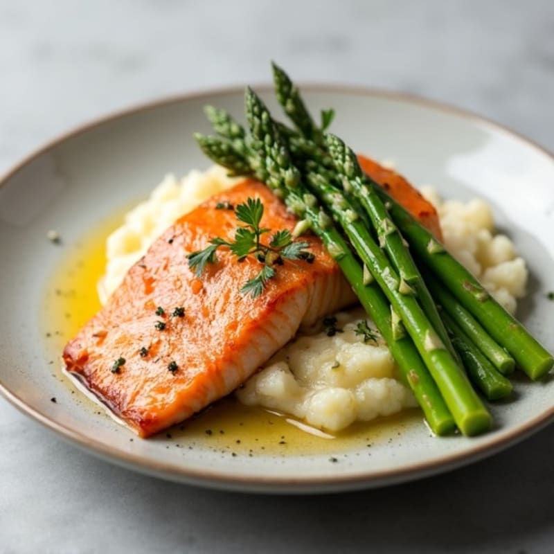 Seared Salmon with Steamed Asparagus and Cauliflower Mash