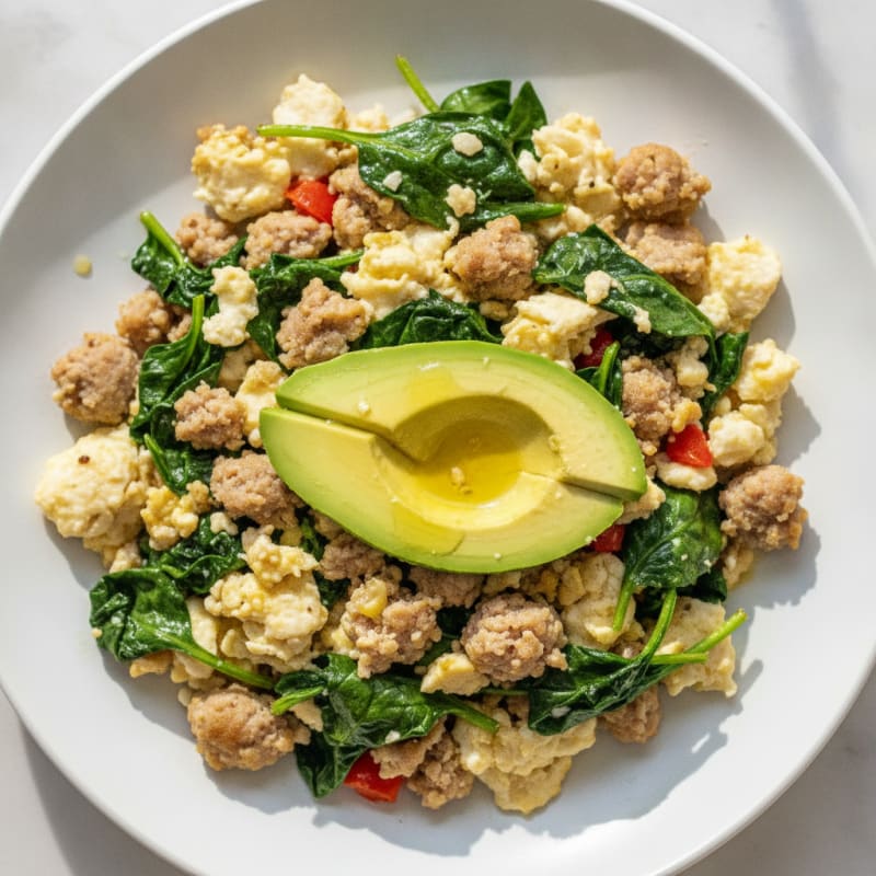 Egg White and Turkey Sausage Scramble with Sautéed Spinach