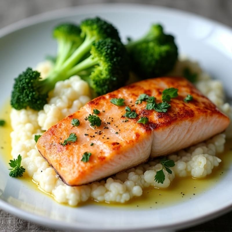 Seared Salmon Fillet with Roasted Broccoli and Garlic Mashed Cauliflower