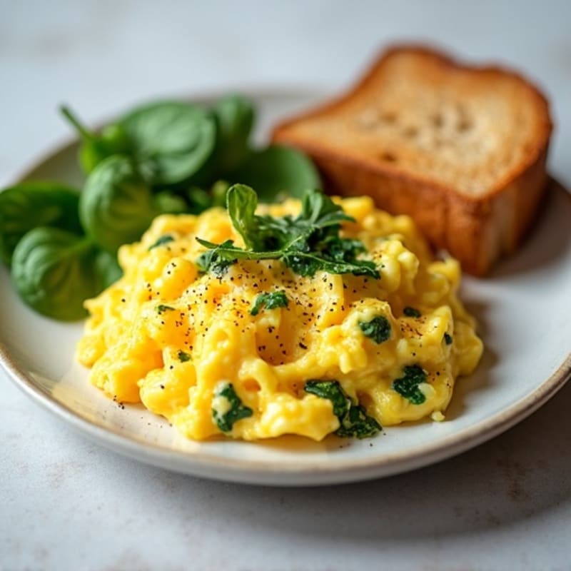 Fluffy Scrambled Eggs with Fresh Spinach and Crispy Whole Grain Toast
