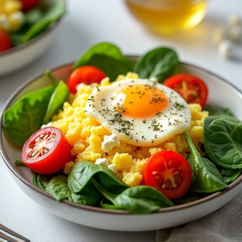 Fluffy Scrambled Eggs with Fresh Spinach and Cherry Tomatoes