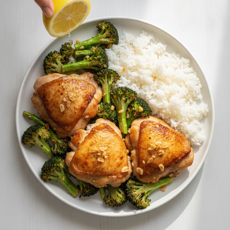 Seared Chicken Thighs with Steamed Rice and Roasted Broccoli