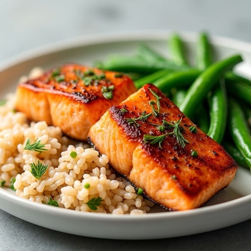Seared Salmon with Steamed Green Beans and Brown Rice