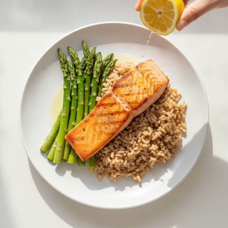 Seared Salmon Fillet with Steamed Asparagus and Brown Rice