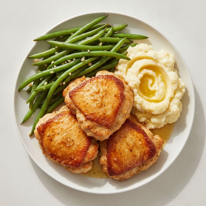Seared Chicken Thighs with Garlic Green Beans and Mashed Cauliflower