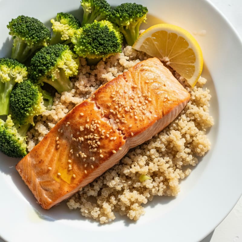 Seared Salmon with Steamed Broccoli and Quinoa
