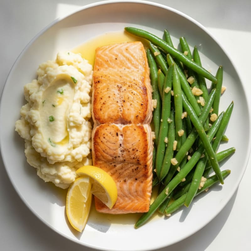 Seared Salmon with Garlic Green Beans and Mashed Cauliflower