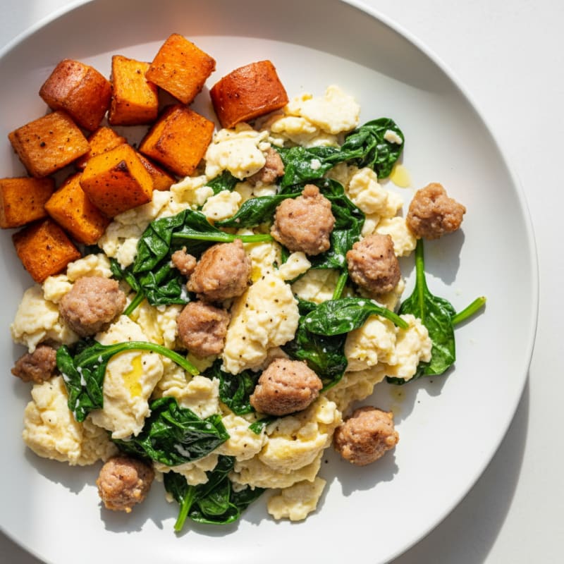 Scrambled Egg Whites with Turkey Sausage and Sautéed Spinach