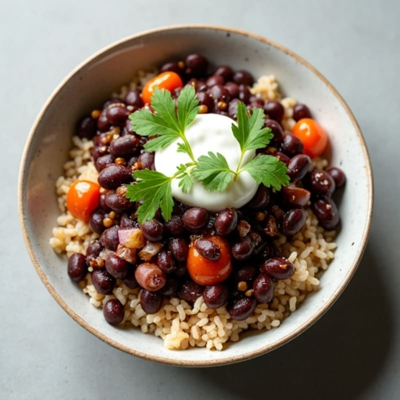 Hearty Spiced Black Beans with Fluffy Brown Rice and Fresh Herbs