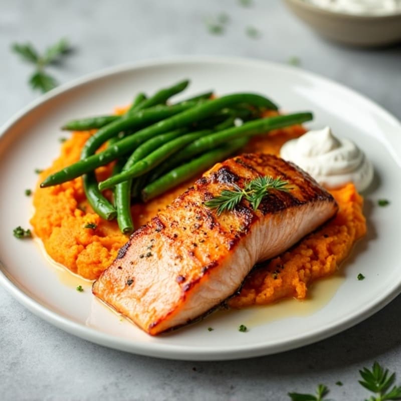 Seared Salmon with Garlic Green Beans and Sweet Potato Mash