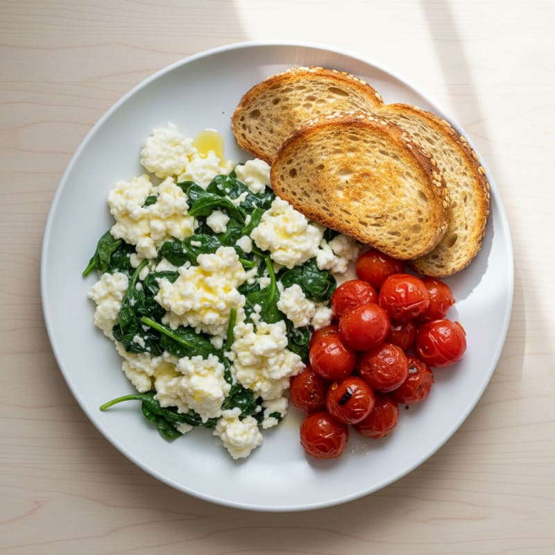 Egg White and Spinach Scramble with Cottage Cheese and Cherry Tomatoes