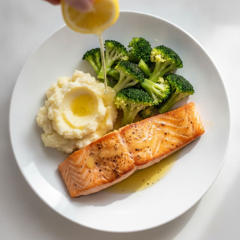 Pan-Seared Salmon with Steamed Broccoli and Garlic Mashed Cauliflower