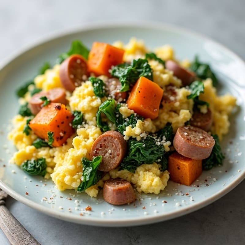 Egg White Spinach Scramble with Turkey Sausage and Roasted Sweet Potatoes