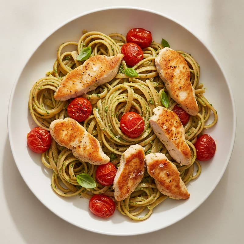 Pesto Chicken Linguine with Blistered Tomatoes