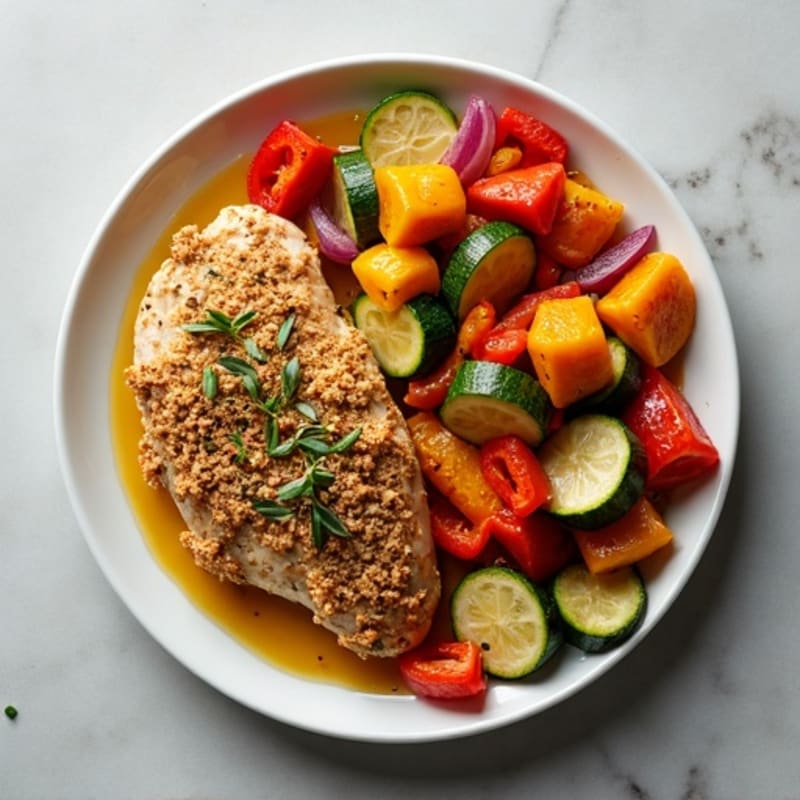 Herb-Crusted Sheet Pan Chicken with Roasted Rainbow Vegetables