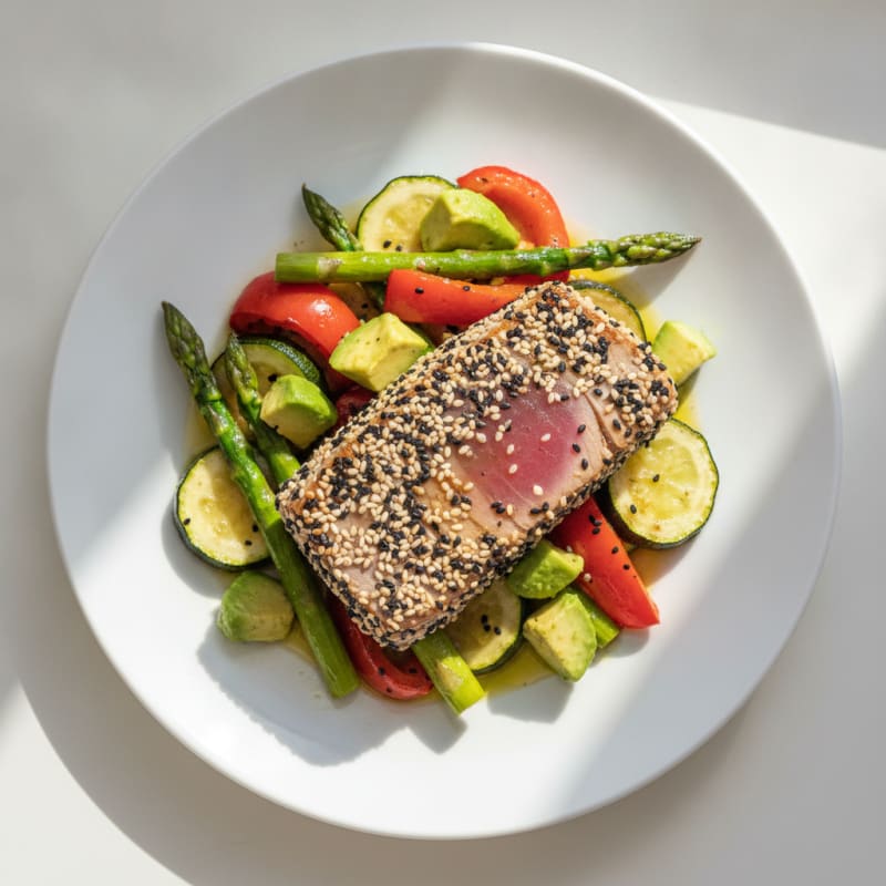 Seared Tuna Steak with Roasted Mixed Vegetables