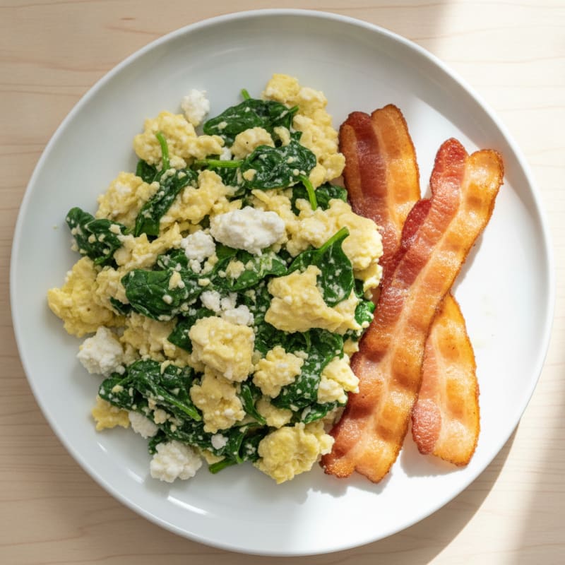 Cottage Cheese Scramble with Spinach and Turkey Bacon