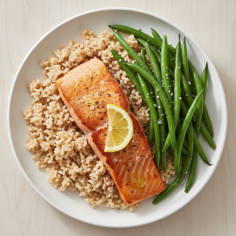 Seared Salmon with Steamed Green Beans and Brown Rice