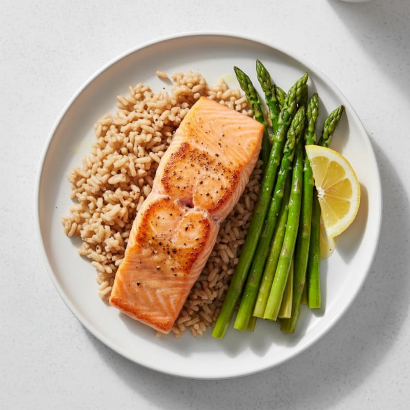 Seared Salmon Fillet with Steamed Asparagus and Brown Rice