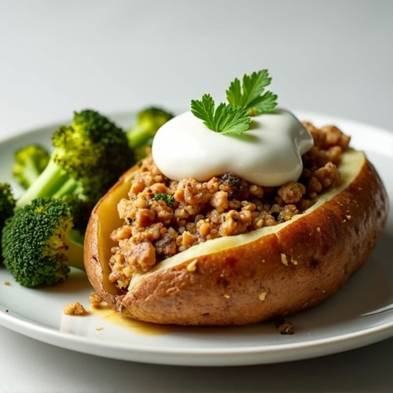 Crispy Baked Potato with Lean Ground Turkey, Roasted Broccoli, and Creamy Greek Yogurt Topping