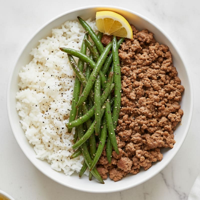 Ground Beef and Rice Bowl with Roasted Green Beans