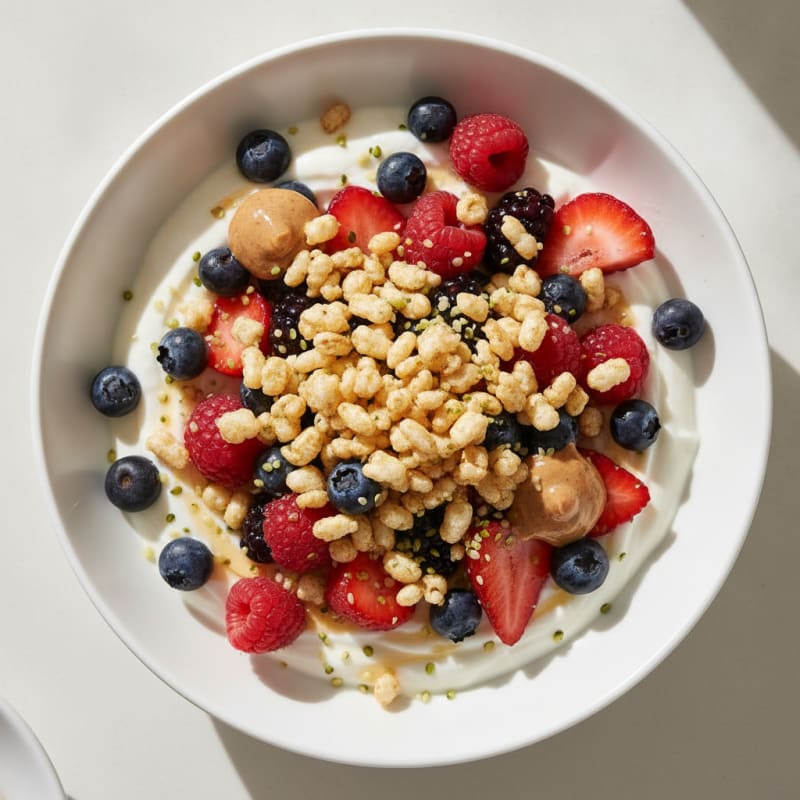 High-Protein Greek Yogurt Parfait with Mixed Berries and Rice Protein Crunch