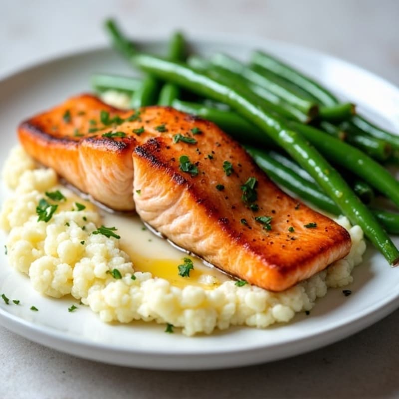 Seared Salmon with Garlic Green Beans and Cauliflower Mash