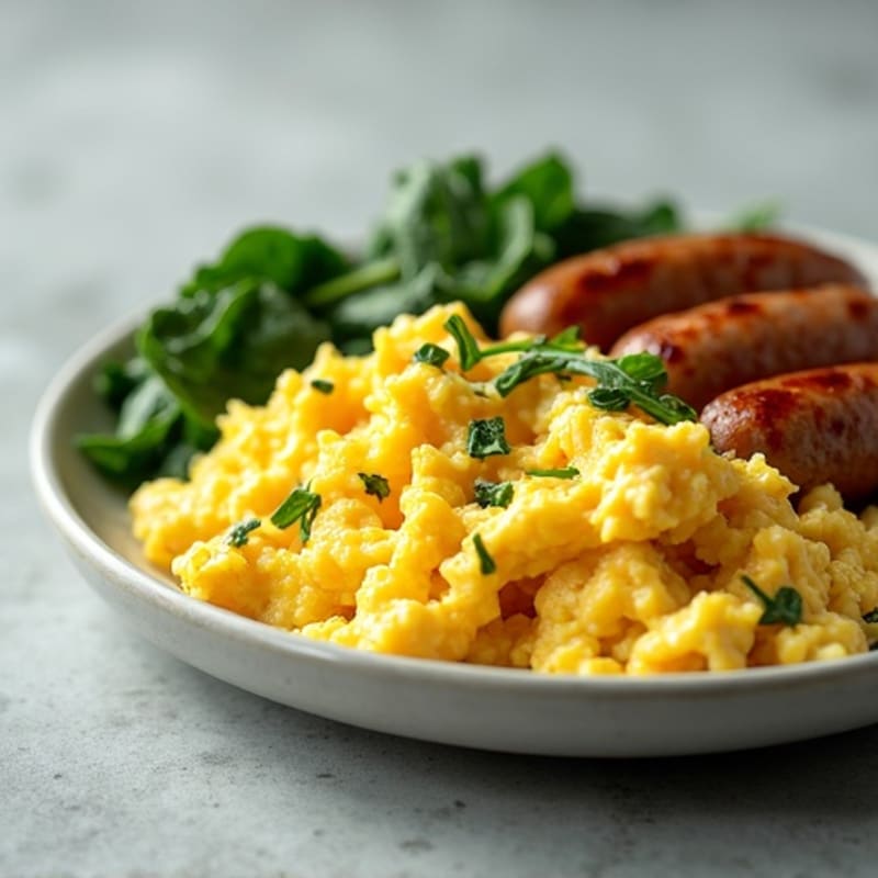 Creamy Scrambled Eggs with Sautéed Spinach and Lean Turkey Sausage