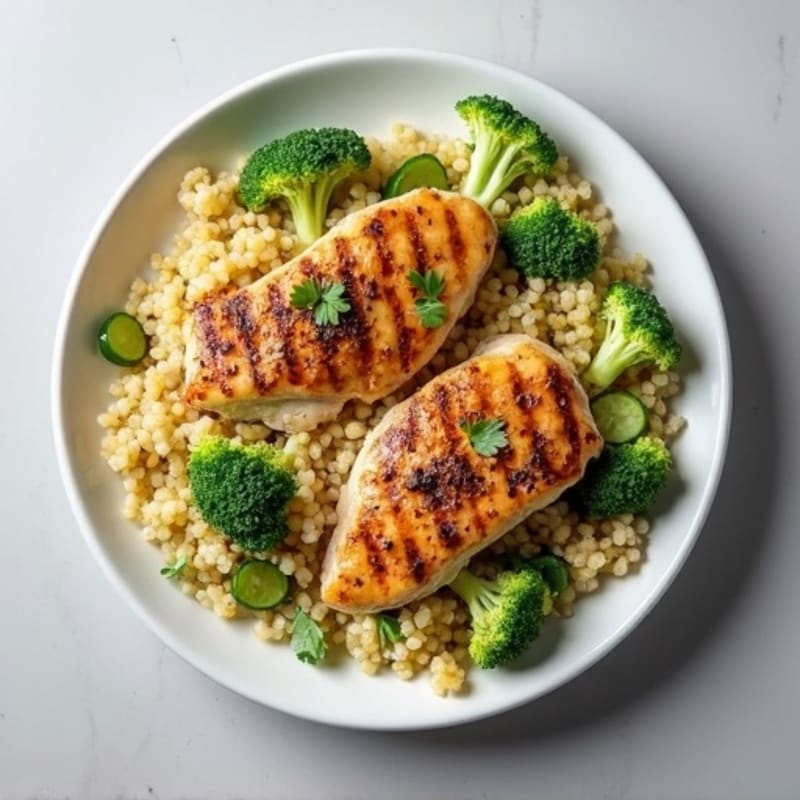 Grilled Chicken Breast with Quinoa and Crunchy Broccoli Slaw