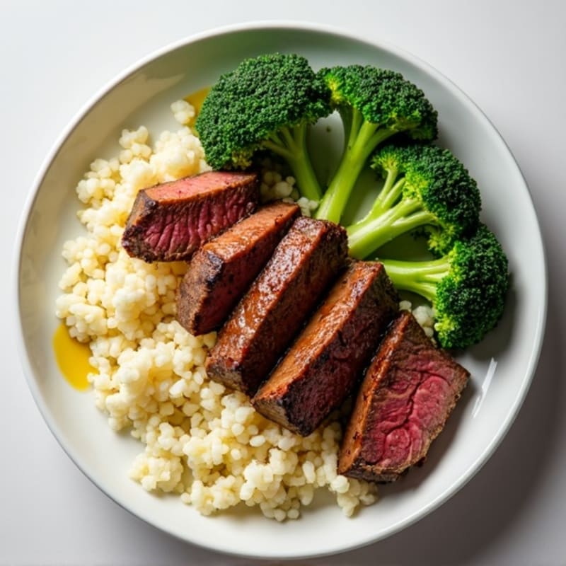 Seared Lean Beef Strips with Steamed Broccoli and Cauliflower Rice