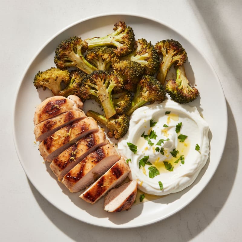 Grilled Chicken Breast with Roasted Broccoli and Greek Yogurt Dip