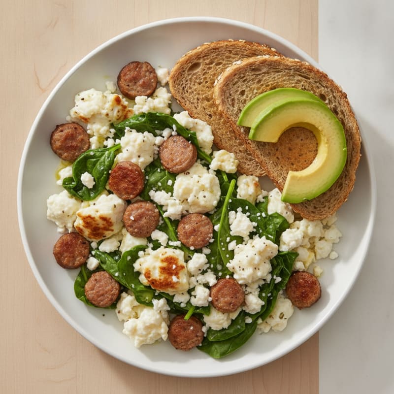 Egg White and Turkey Sausage Scramble with Spinach and Feta