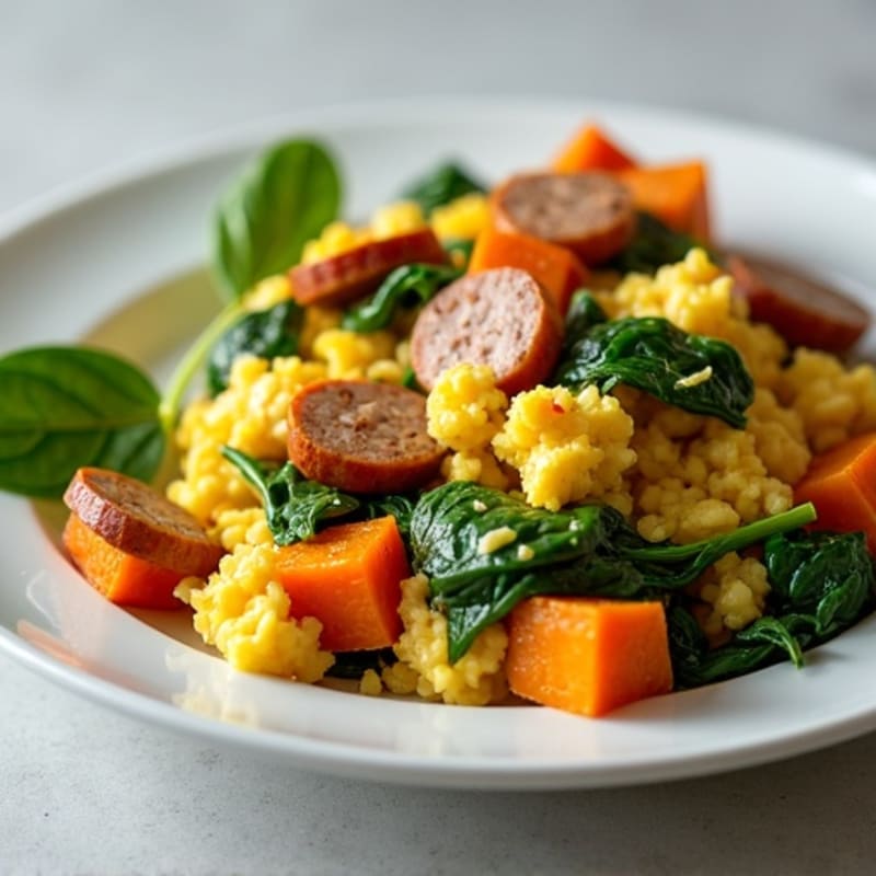 Egg White and Turkey Sausage Scramble with Spinach and Sweet Potato