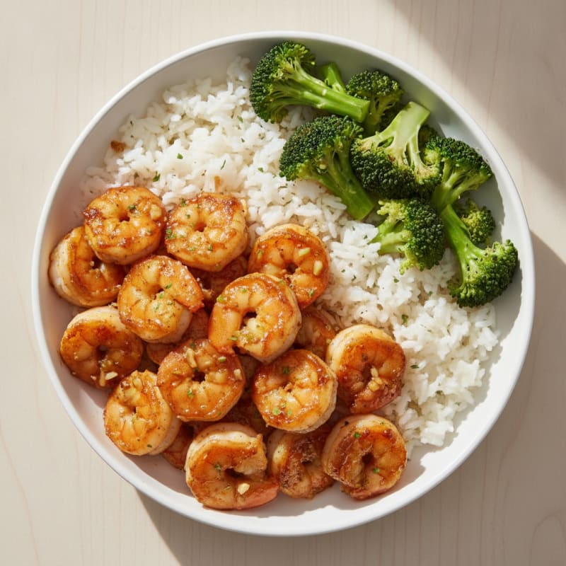 Seared Ginger-Garlic Shrimp with Steamed Broccoli and Jasmine Rice