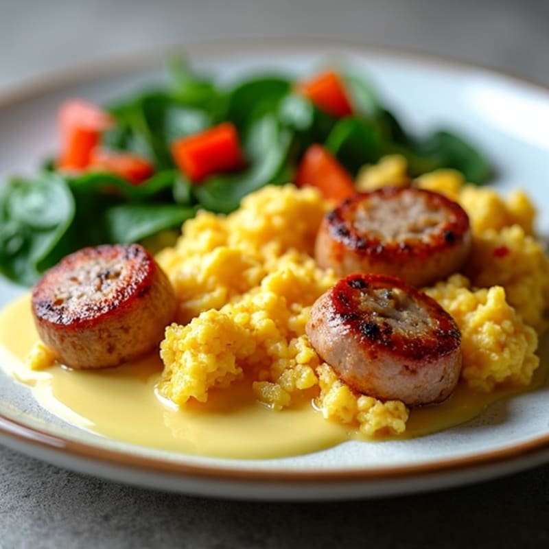 Crispy Turkey Sausage and Egg Scramble with Sautéed Greens