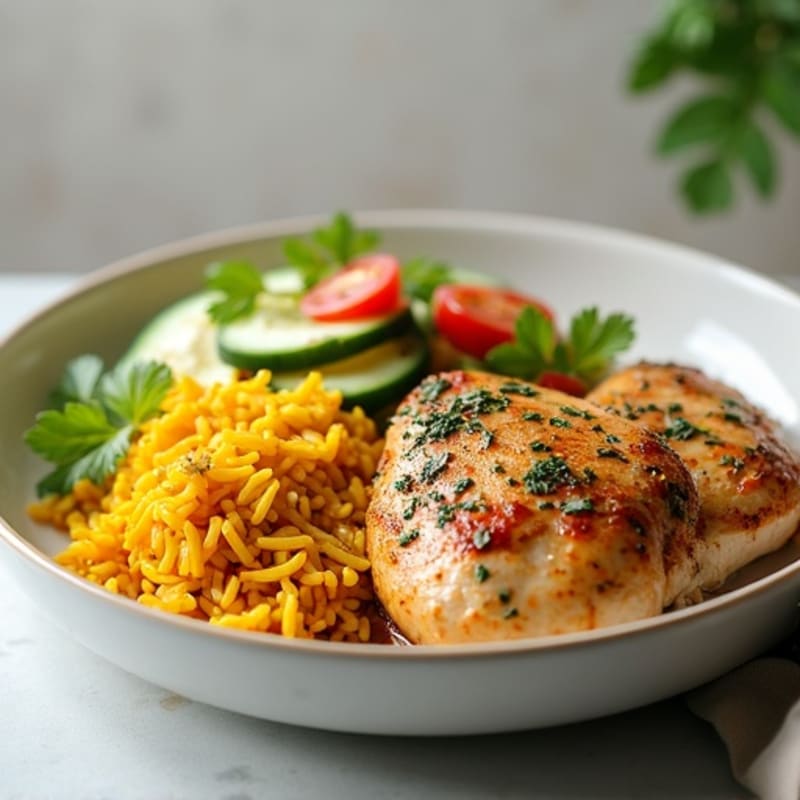 Juicy Herb Chicken with Turmeric Rice and Creamy Cucumber Tomato Salad