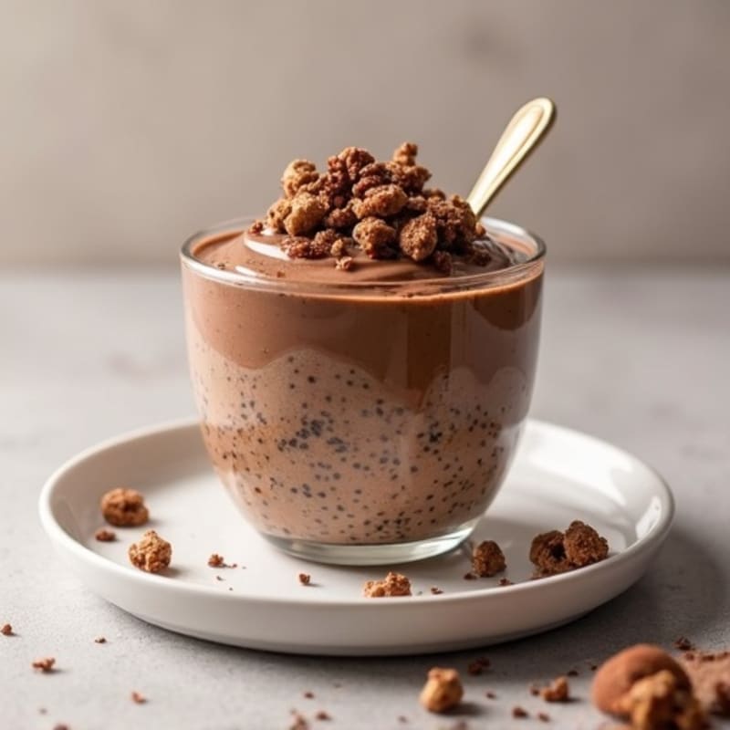 Creamy Chocolate Protein Chia Pudding with Cashew Swirl and Cacao Crunch