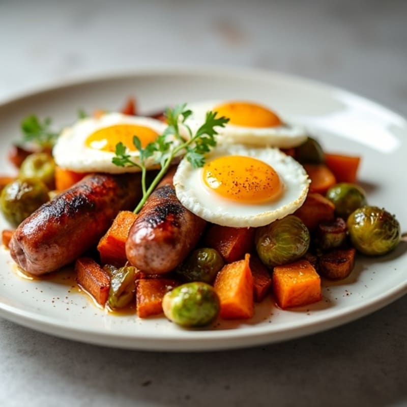 Smoked Sausage with Crispy Roasted Brussels Sprouts and Sweet Potatoes