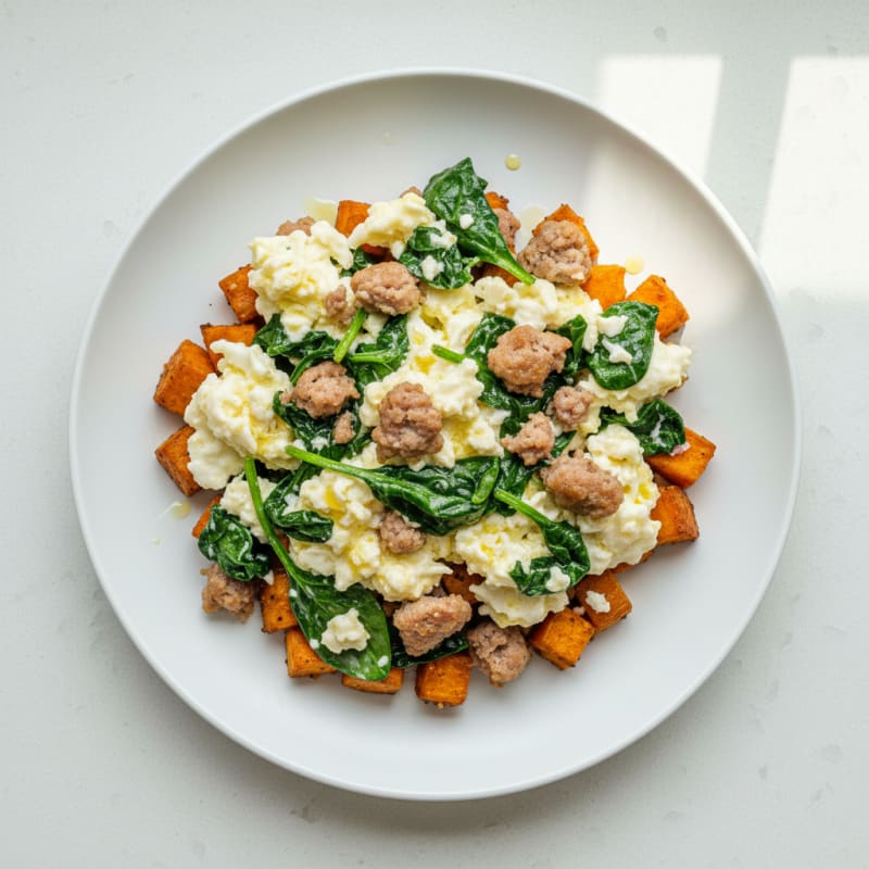 Egg White and Turkey Sausage Scramble with Spinach and Roasted Sweet Potatoes