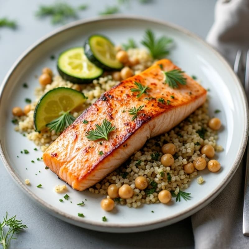 Seared Salmon with Roasted Zucchini and Quinoa Pilaf