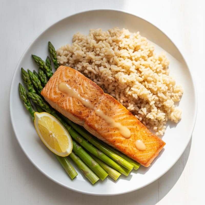 Seared Salmon Fillet with Steamed Asparagus and Brown Rice
