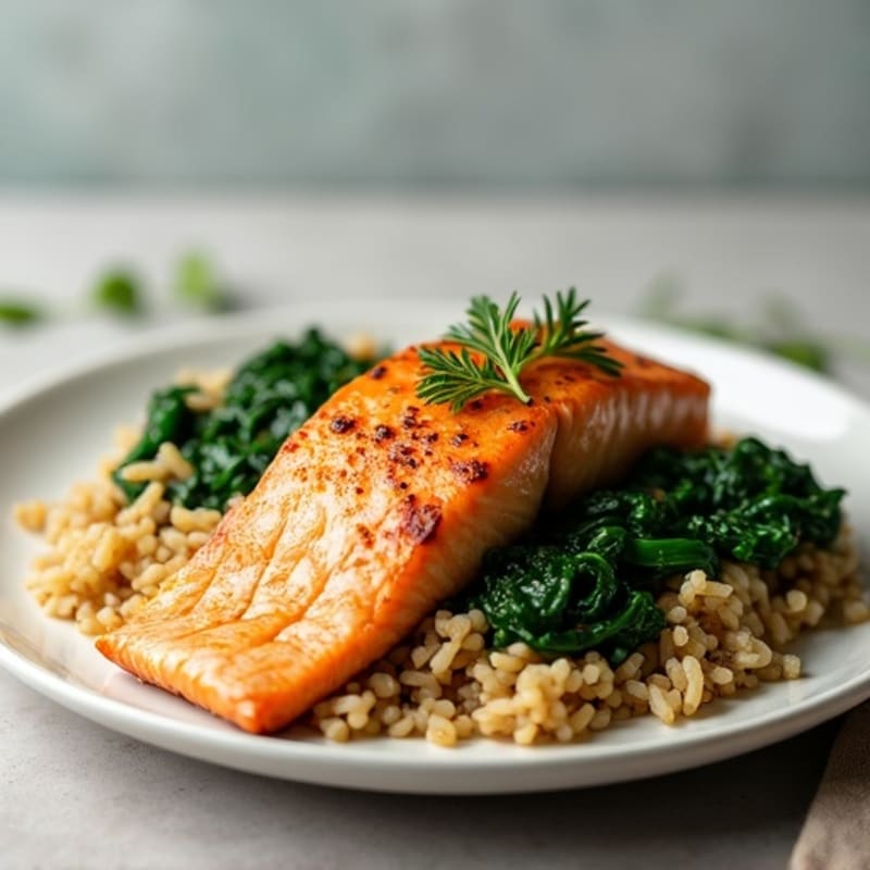 Seared Salmon with Garlic Spinach and Brown Rice