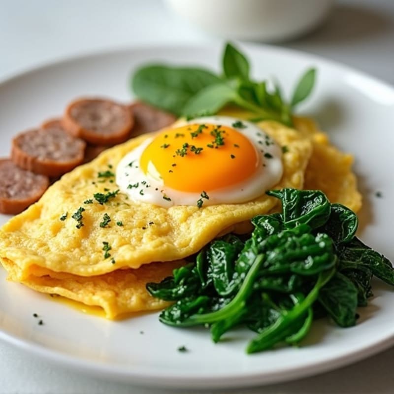 Egg White Omelette with Turkey Sausage and Sautéed Spinach