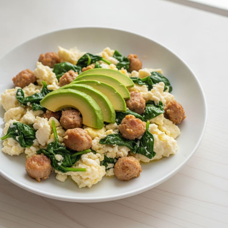 Egg White Scramble with Turkey Sausage and Spinach