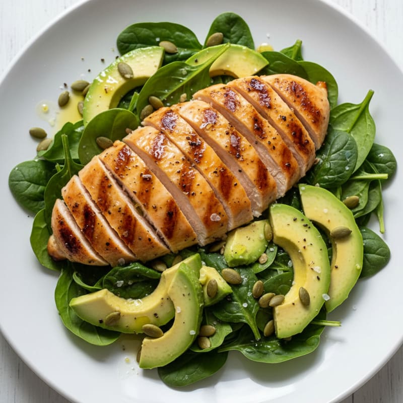 Grilled Lemon Pepper Chicken Breast with Spinach and Avocado Salad