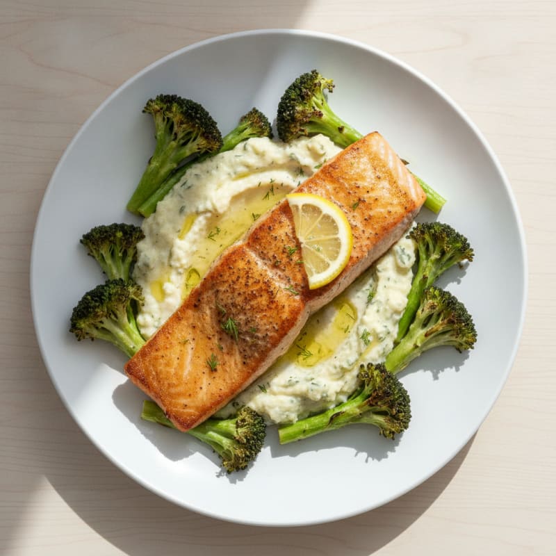 Seared Salmon with Roasted Broccoli and Herb-Cauliflower Mash