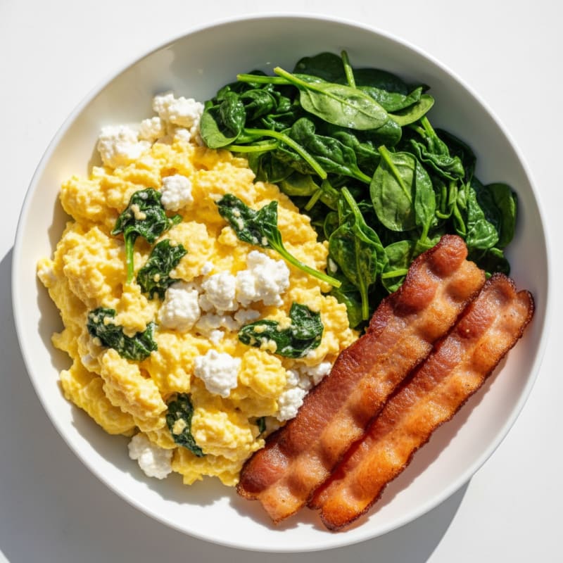 Cottage Cheese Egg Scramble with Sautéed Spinach and Turkey Bacon