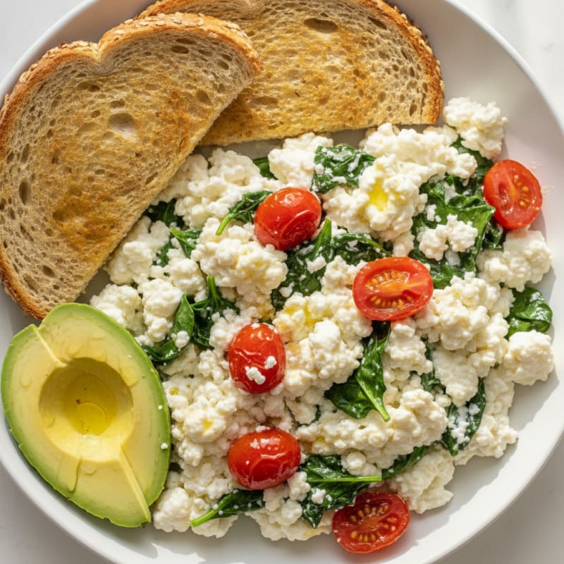 Cottage Cheese and Egg White Scramble with Spinach and Cherry Tomatoes