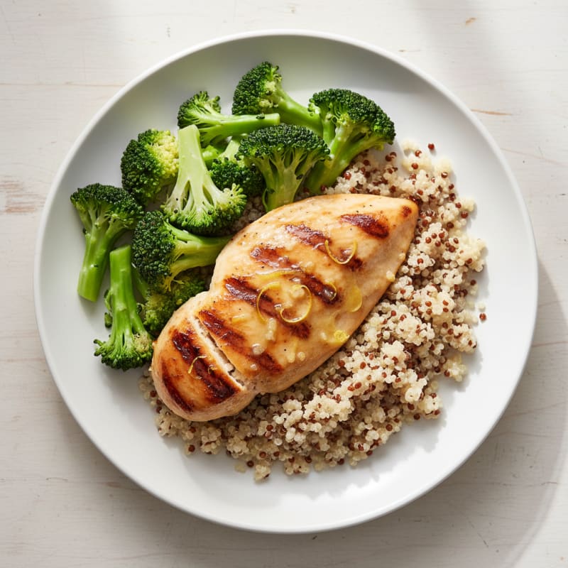 Grilled Lemon Chicken Breast with Quinoa and Steamed Broccoli