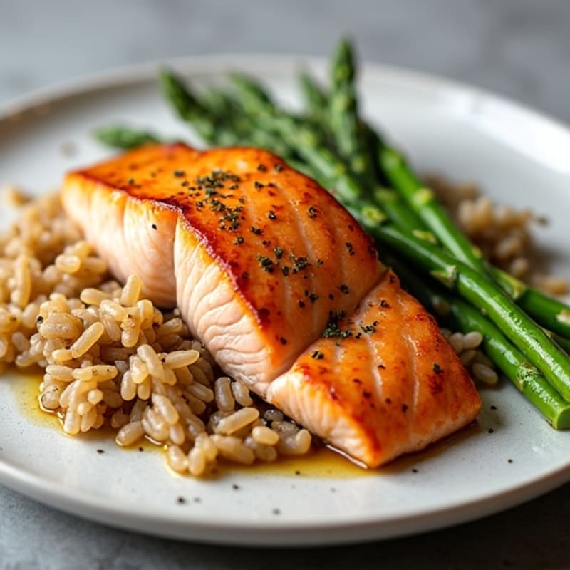Seared Salmon Fillet with Steamed Asparagus and Brown Rice